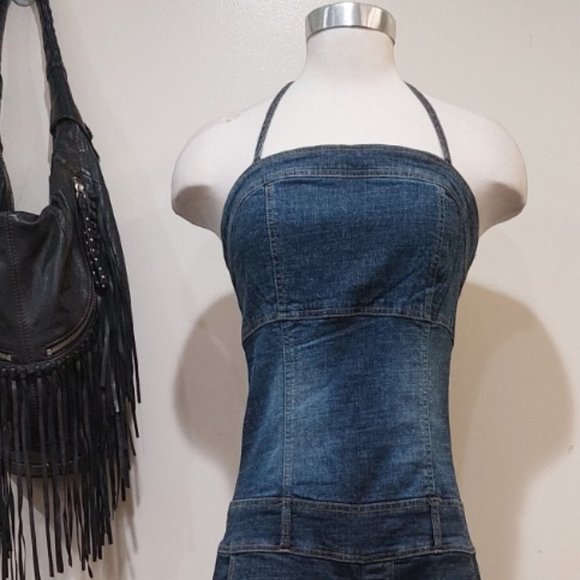 💋1970's BOHO CHIC💋 Capri Sanded Capri Denim Jumpsuit in Blue - Picture 8 of 12